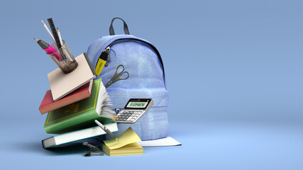 online learning concept Blue backpack with school supplies 3d render on blue gradient - obrazy, fototapety, plakaty