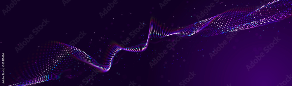Aufkleber Big data visualization. The musical stream of sounds. Abstract background with interweaving of dots . 3D rendering.