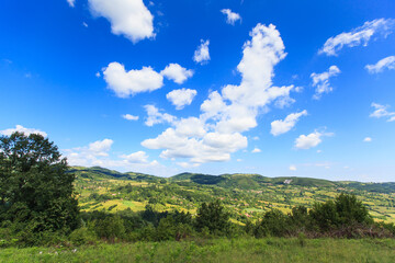 Beautiful nature landscape view, summer day, fresh air, amazing blue sky with clouds