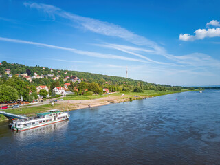 Elbe River, Dresden, Saxony, Germany - View of the Loschwitz Elbe riverside with excursion steamer...