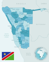 Blue-green detailed map of Namibia administrative divisions with country flag and location on the globe. Vector illustration