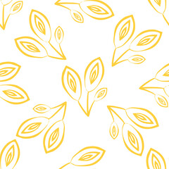 Fototapeta na wymiar Yellow gold outline leaves seamless vector pattern background. Clusters of line art foliage on fresh white backdrop. Modern hand drawn botanical all over print for wellness, health, beauty packaging