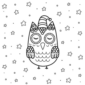 Cute sleeping owl in zentangle style coloring page for kids