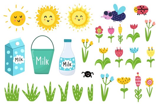 Clipart set with funny elements - sun, fly, ladybug, flowers, milk