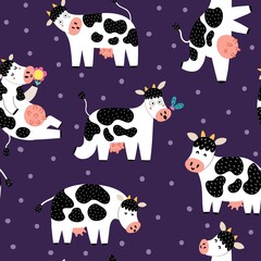 Obraz premium Funny cows seamless pattern. Funny farm characters background