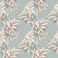 Sketched Leaves Seamless Pattern. Hand Drawn Floral Background.