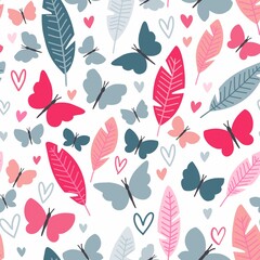 Summer butterfly seamless pattern with colorful tropical leaves and hearts. Cute insects with pink and blue wings girly repeat design. Nature inspired background with isolated vector objects to print 