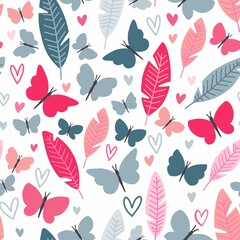 Summer butterfly seamless pattern with colorful tropical leaves and hearts. Cute insects with pink and blue wings girly repeat design. Nature inspired background with isolated vector objects to print 