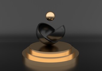 3D rendered studio with geometric shapes, podium on the floor. Abstract composition with black glossy hemispheres.