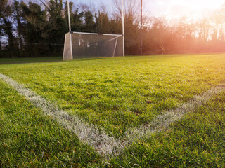 Fototapeta Grass in focus in foreground with white marking. Irish National sport goal posts out of focus. Sunset time, warm light, sun flare. Concept practice rugby, hurling, camogie, gaelic footbal. obraz