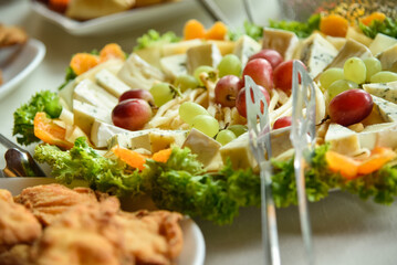 Cheese platter with vegetables and fruit