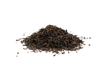 Leaves of black premium dry tea on a white background