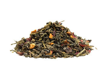  Leaves of Chinese Dry Tea Top Grade with Goji Berries and Powdered Acai on White Background