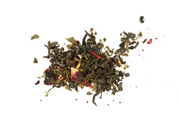  Leaves of Chinese Dry Tea Top Grade with Goji Berries and Powdered Acai on White Background