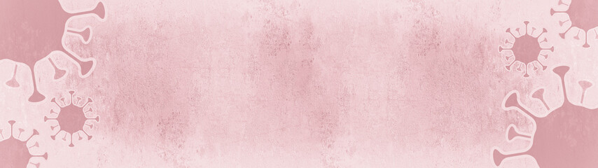 Fototapeta premium CORONAVIRUS - Pink pastel cartoon virus isolated on pink abstract rustic texture background banner, top view with space for text