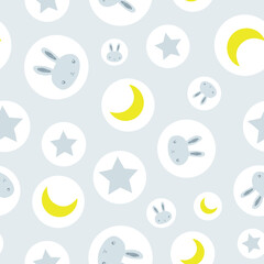 Blue bunnies, cute rabbits, stars and moon nursery seamless pattern on gray background. Perfect for fabric, textile, nursery decoration, boys fashion. Surface pattern design.