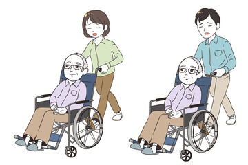 高齢男性に疲れながら介護する家族