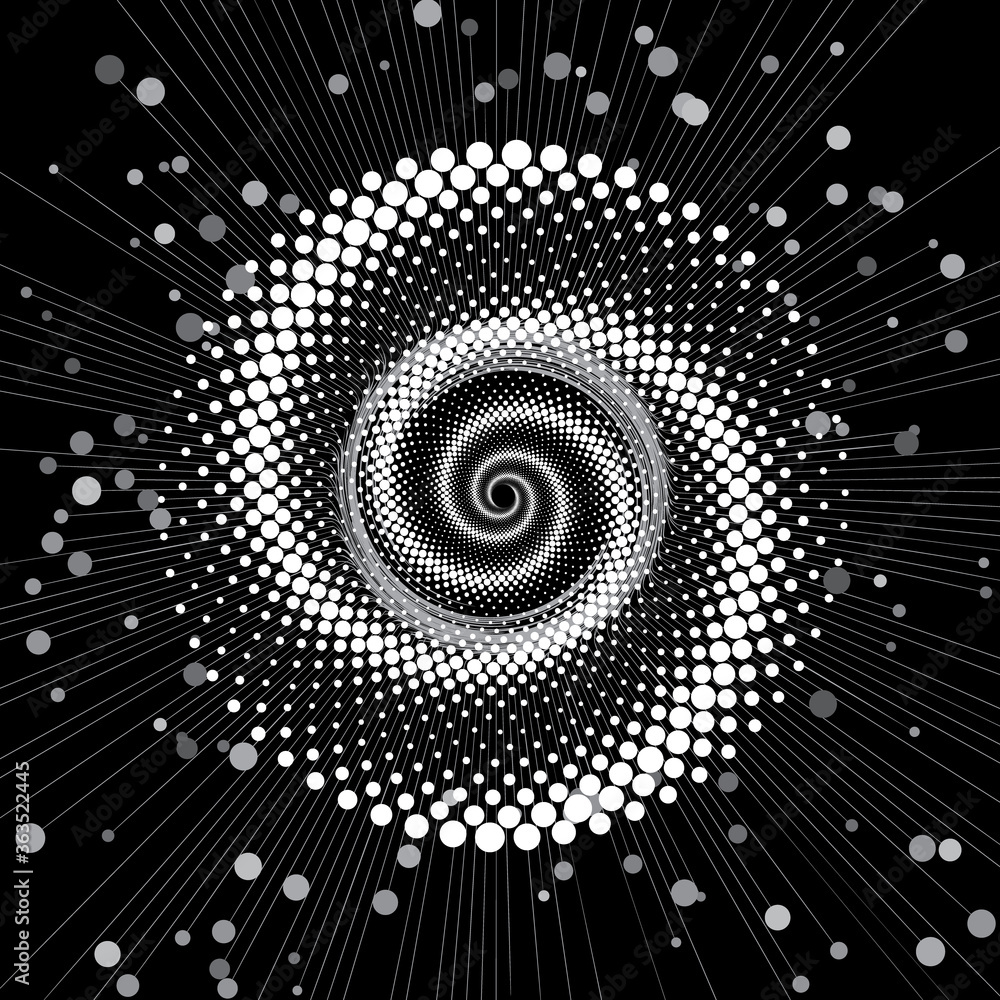 Poster abstract background with lines and dots as social connections theme with halftone dotted spiral