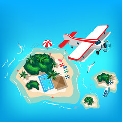 Aerial view of a tropical beach and islands. Summer travel. Vector illustration.
