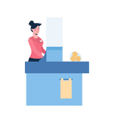 The woman cashier is standing behind the counter in the supermarket. The seller prints a check for purchases. A girl in uniform works in a store. Vector illustration in a flat style