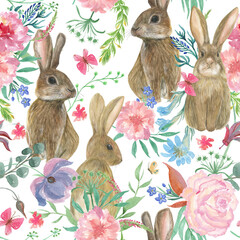 Watercolor painting seamless pattern with beautiful flowers and bunny, butterfly