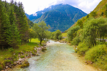 Fototapeta na wymiar Colorful Krnica river in Krnica valley near Kranjska gora in Triglav national park in Slovenia.