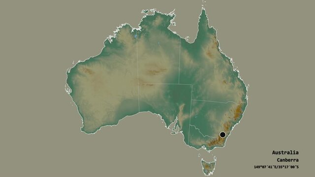 Northern Territory, territory of Australia, with its capital, localized, outlined and zoomed with informative overlays on a relief map in the Stereographic projection. Animation 3D