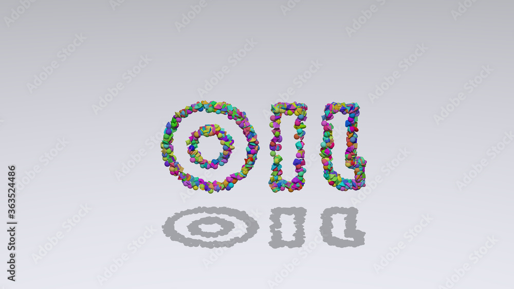 Poster oil written in 3d illustration by colorful small objects casting shadow on a white background. abstr