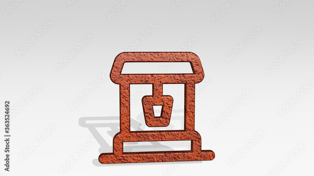 Poster architecture well casting shadow with two lights. 3d illustration of metallic sculpture over a white