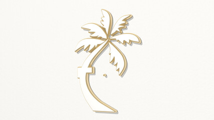 PALM TREE made by 3D illustration of a shiny metallic sculpture on a wall with light background. beach and tropical