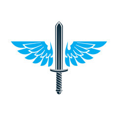 Vector graphic illustration of sword created with bird wings, battle and security metaphor symbol. Seraph vector emblem.