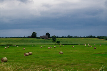 Beautiful landscape of a field with rolls of mowed grass and a dark stormy sky in Latvia in summer.