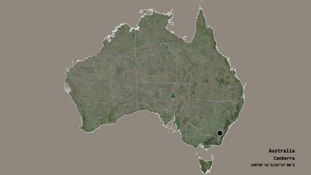 Northern Territory, territory of Australia, with its capital, localized, outlined and zoomed with informative overlays on a satellite map in the Stereographic projection. Animation 3D