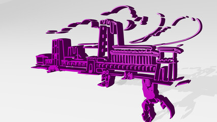 Fototapeta premium landscape of a city made by 3D illustration of a shiny metallic sculpture with the shadow on light background. beautiful and blue