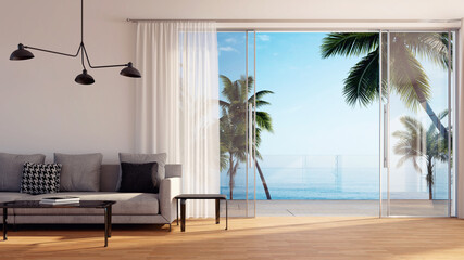 Modern apartment interior design with ocean view, 3D background illustration concept	
