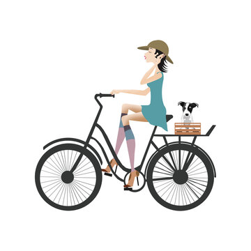 
a woman biking, a small dog on the banding rack, nice illustration, white background