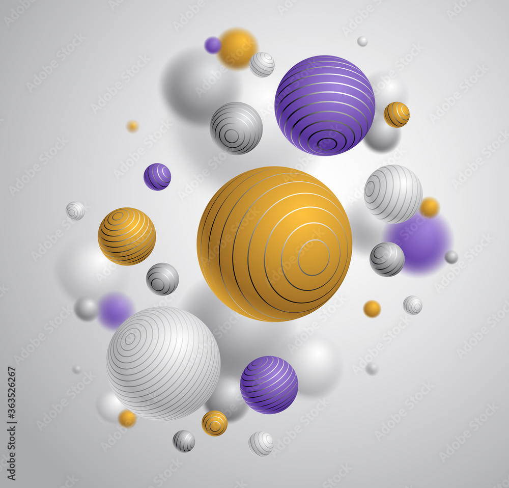 Poster realistic lined spheres vector illustration, abstract background with beautiful balls with lines and