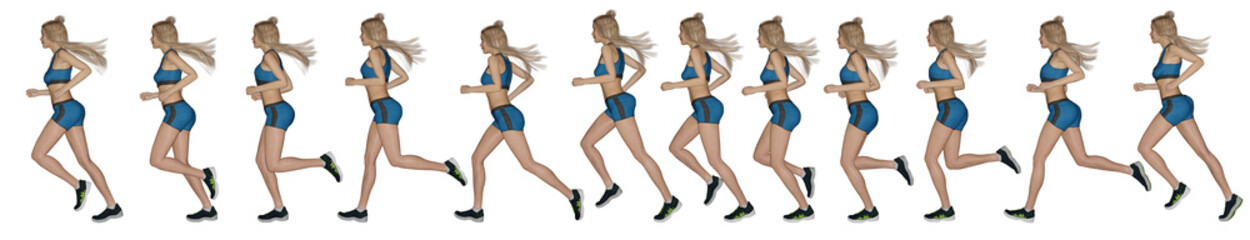 3D Rendering :  a posture series of running woman illustration with white background