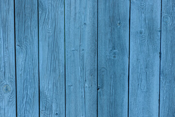 Blue wooden background, old age effect. Old boards painted light blue, close-up.