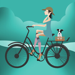 
A woman rides a bike, a small dog on the banding strip, beautiful illustration,
landscape background