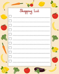 Shopping list. Page template with lines for writing a shopping list. Vector illustration with vegetables and fruits