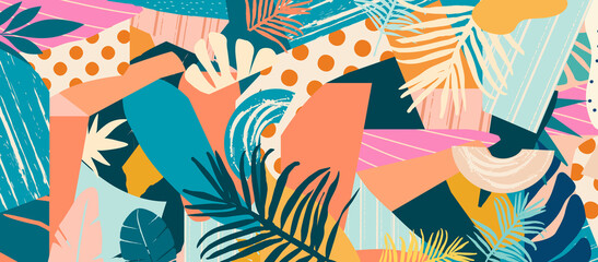 Colorful leaves and flowers poster background vector illustration. Exotic plants, branches, flowers and leaves art print for beauty and natural products, spa and wellness, fabric and fashion