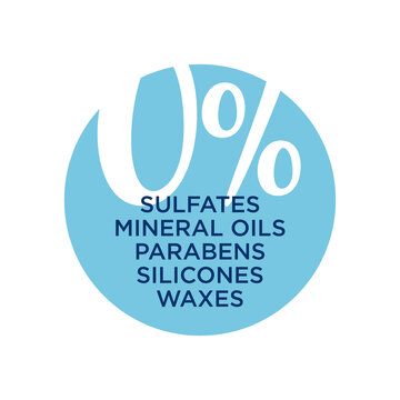 Zero percent sulfates, waxes, mineral oils, parabens, silicones. Curly Girl Method (CGM) approved product symbol. Blue icon for hair products.