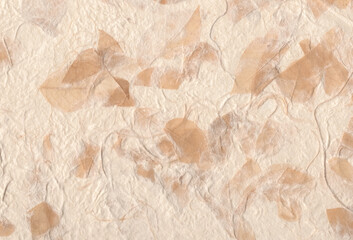 Sheet of hand crafted rough paper background with natural fibers and dried leave. Extra large...
