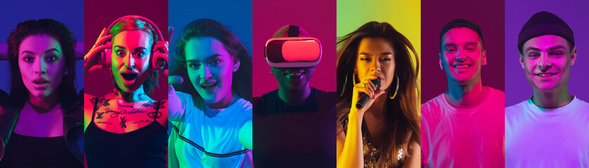 Portrait of people on multicolored studio background in neon. Flyer, collage. Concept of human emotions, facial expression, sales, ad, festive, music. Using gadgets, device, VR-headset, headphones.