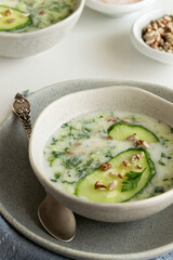 Summer refreshing cold yogurt soup, healthy meal with fresh raw vegetables and dairy ingredients