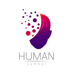 Vector symbol of human head. Person face. Red violet color isolated on white. Concept sign for business, science, psychology, medicine, technology. Creative sign design Man silhouette. Modern logo