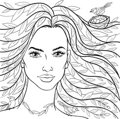 Beautiful girl with leaves in her hair. Spring woman and birds. Vector illustration for coloring book.