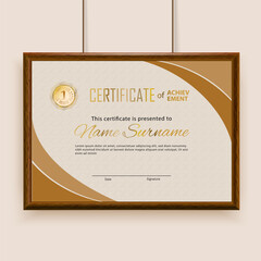 Official beige certificate with brown realistic border on white wall background. Realistic effect shadow. Cerrificate hanging on the wall