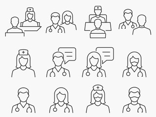 Doctor and Nurse line icons set. Black vector illustration. Editable stroke.